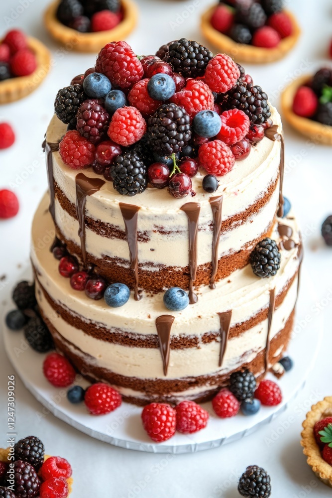 Cream-filled sponge cake adorned with fresh berries and drizzled chocolate icing, perfect for celebrations or summer events. Cream-filled sponge cake adorned with fresh berries and drizzled chocolate icing, perfect for celebrations or summer events.