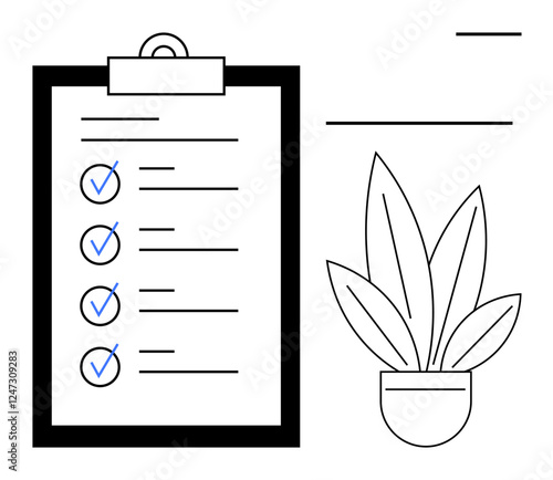 Clipboard with a to-do list and checked items, accompanied by a simple potted plant. Ideal for productivity, goals, organization, planning, task management, work-life balance mindfulness. Abstract