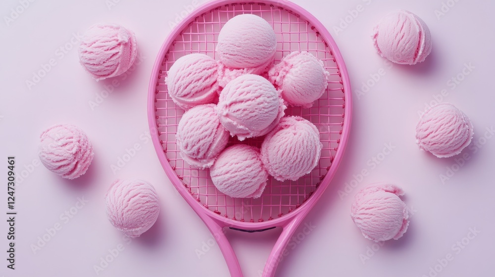 Ice cream scoops on a pink tennis racket, pastel art. Creative dessert and sport concept Ice cream scoops on a pink tennis racket, pastel art. Creative dessert and sport concept