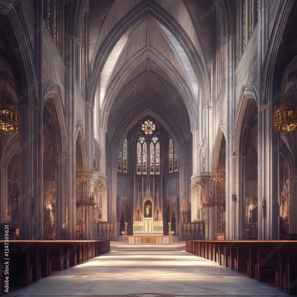 Cathedral Interior with Stained Glass Windows Cathedral Interior with Stained Glass Windows