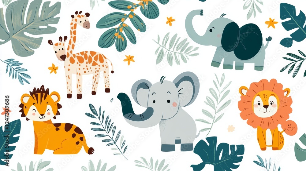 Fototapeta premium Children s animals background. Cute animals in the jungle on white. Vector illustration in flat style