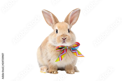 Cute rabbit wearing a colorful bow tie indoors, cut out