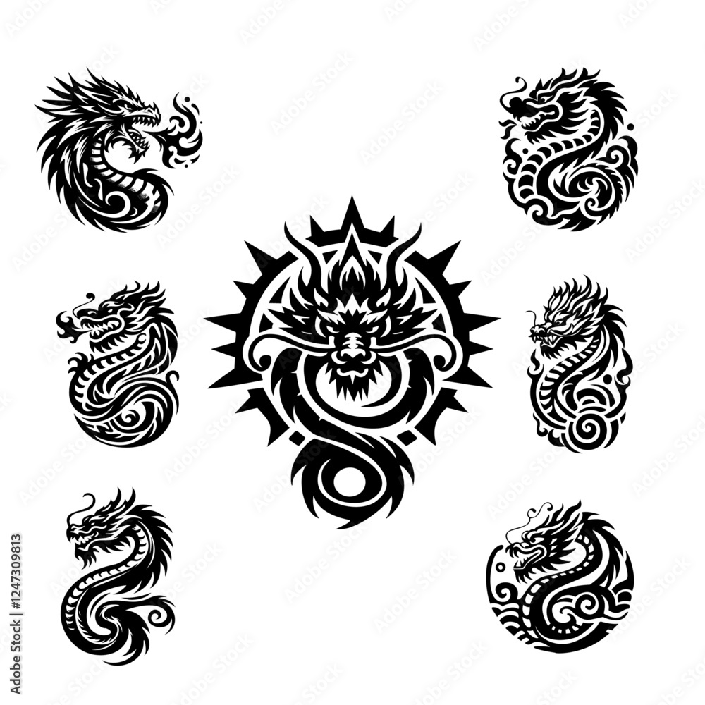 Fototapeta premium 7 vector dragon logo designs, eastern styled one color, low point count