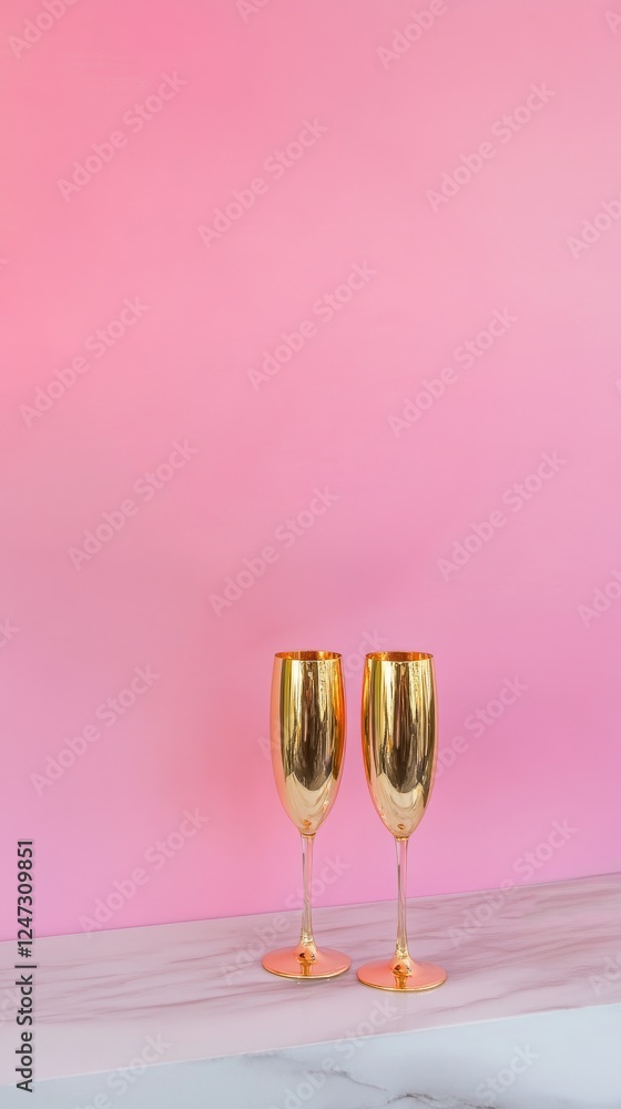 Golden champagne flutes on marble surface against pink background, luxury celebration concept Golden champagne flutes on marble surface against pink background, luxury celebration concept
