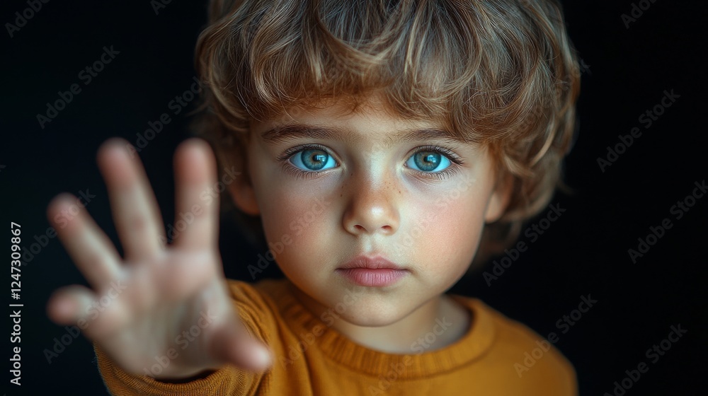 Portrait of a young child with blue eyes reaching forward, close-up view. Childhood innocence and curiosity concept Portrait of a young child with blue eyes reaching forward, close-up view. Childhood innocence and curiosity concept