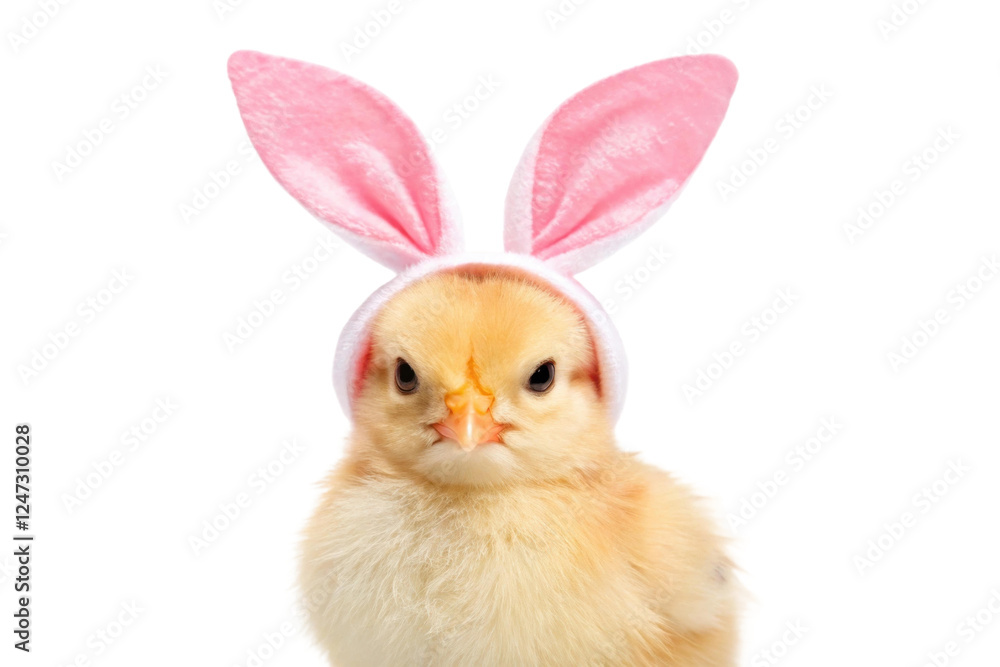 Fototapeta premium Chick wearing bunny ears and looking playful, cut out
