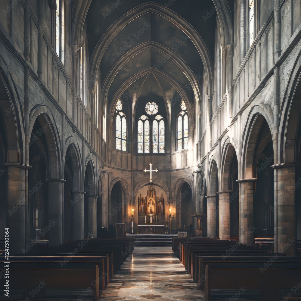 Fototapeta premium Grand interior of a cathedral with stone arches