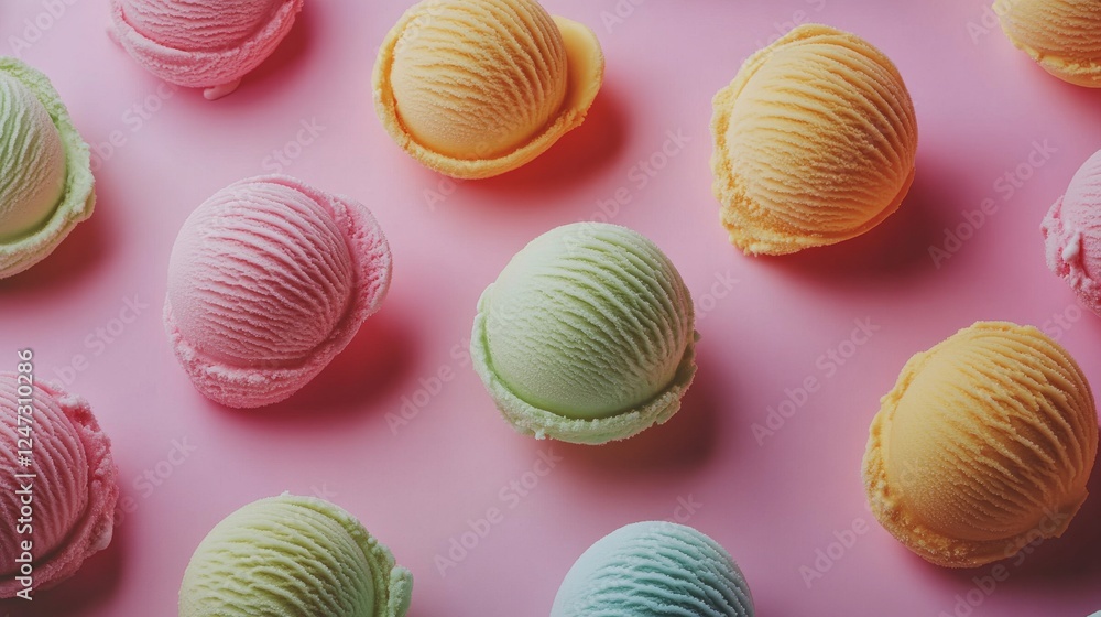 Fototapeta premium Colorful scoops of ice cream on a pink background, vibrant dessert arrangement, summer sweetness concept