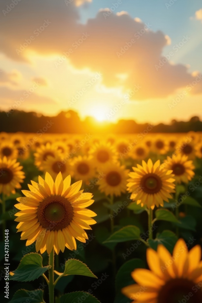 Obraz premium Golden hour sunlight illuminates a sunflower field, creating a radiant backdrop , outdoor, backdrop, blossom