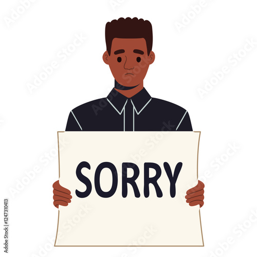 African american young sad man holding a card SORRY and pleading apology. Vector illustration isolated on white background.