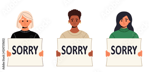 Women different races, dressed in casual clothes, holding sign saying SORRY. Apologize or say sorry, regret for what happen asking for forgiveness concept. Vector flat illustration isolated on white