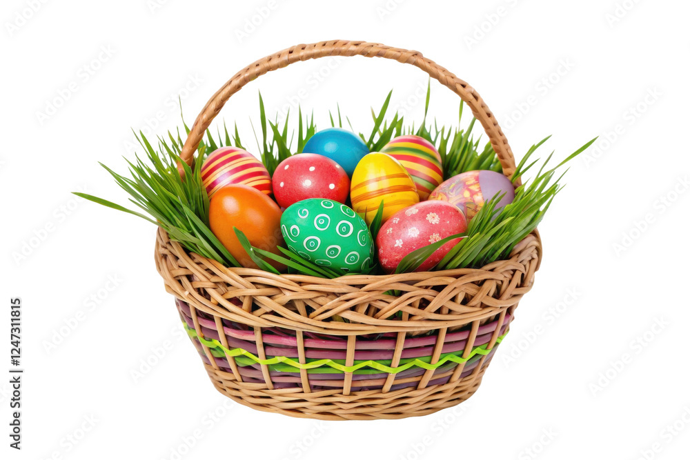 Colorful Easter eggs in a woven basket, cut out Colorful Easter eggs in a woven basket, cut out
