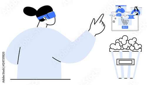 Woman wearing VR headset, pointing at digital shopping interface with popcorn nearby. Ideal for VR technology, e-commerce, online shopping, digital interaction, tech lifestyle, virtual experiences