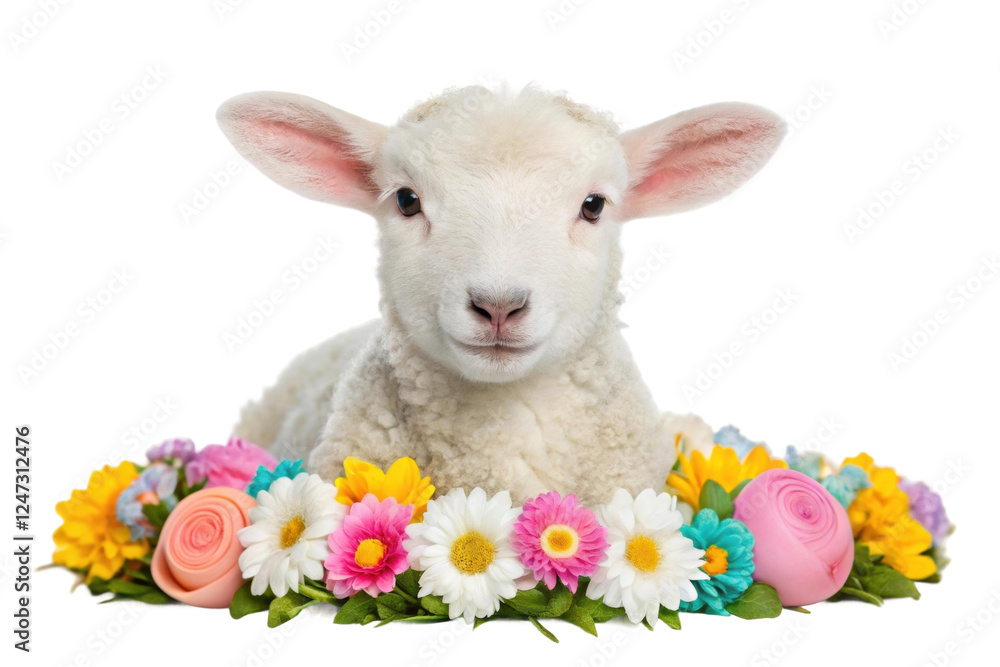 Fototapeta premium Cute lamb resting among colorful flowers, cut out