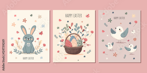 cute set of three easter cards with bunny, easter basket with eggs, three cute birds in pastel shades in flat style. Vector art on easter theme with a group of cute cards