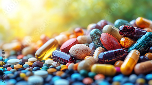 A diverse assortment of dietary supplements and nutritional pills symbolizes health consciousness and wellness choices Modern bright setting conveys vitality balance and proactive self care Blank spac photo