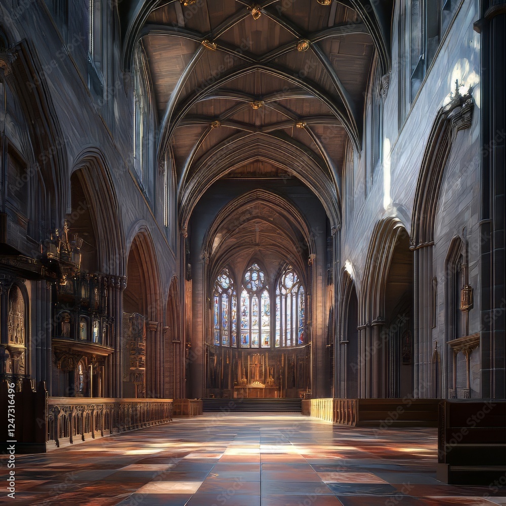 Interior of grand church hall with stained glass Interior of grand church hall with stained glass