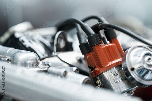 Trollhättan, Sweden - June 28 2024: classic car engine ignition system close-up.