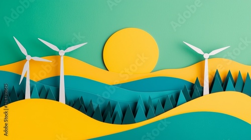 Paper Cut Landscape with Sun, Trees, and Wind Turbines for Corporate Investment Themes