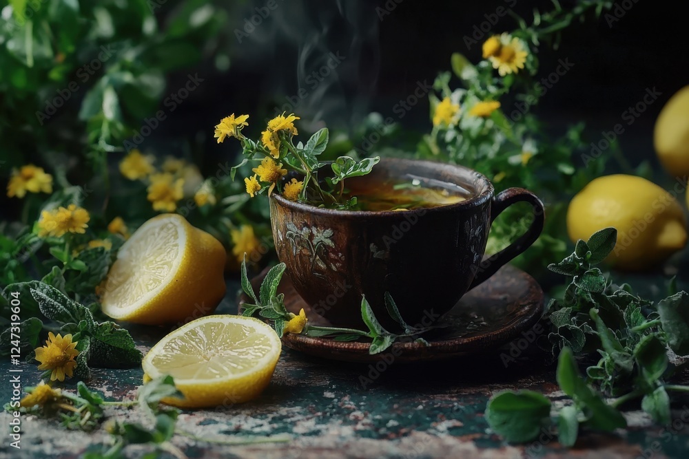 Warm cup of tea with chamomile flowers, fresh lemon, and aromatic herbs in a vintage setting. Warm cup of tea with chamomile flowers, fresh lemon, and aromatic herbs in a vintage setting.