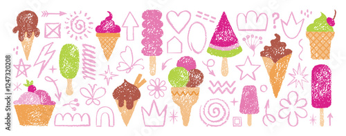Ice cream cone. Crayon vector. Cute summer illustration with scribble icecream shape. Flat design, chalk texture. Kid hand drawn pencil pastel set. Doodle summer gelato, sundae, popsicle, ice cream bg
