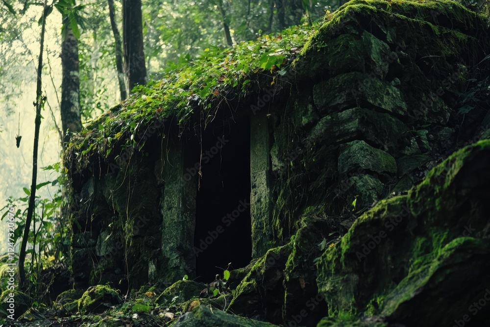 Ancient overgrown stone temple ruins hidden deep within a dense jungle.