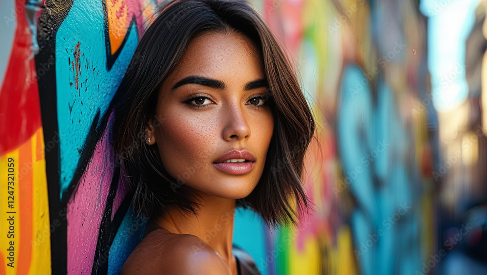 Fototapeta premium Stylish Close-up Woman Posing against Urban Street Art Mural. Beautiful Brunette Model Fashion / Lifestyle Background with Copy space.