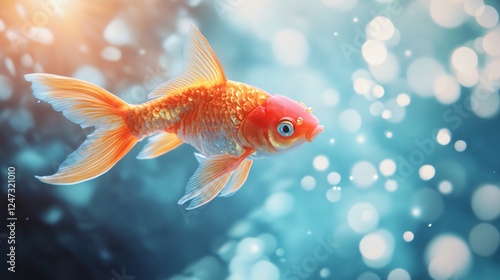 Goldfish swimming in a blue ocean with a blurry background. The fish is the main focus of the image, and it is swimming in a calm and peaceful environment photo