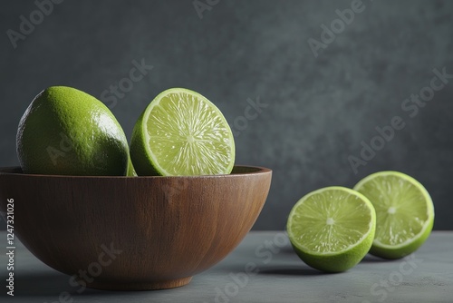 Bright green makrut limes are displayed in a wooden bowl, with some cut in half, showcasing their vibrant interior against a dark backdrop photo