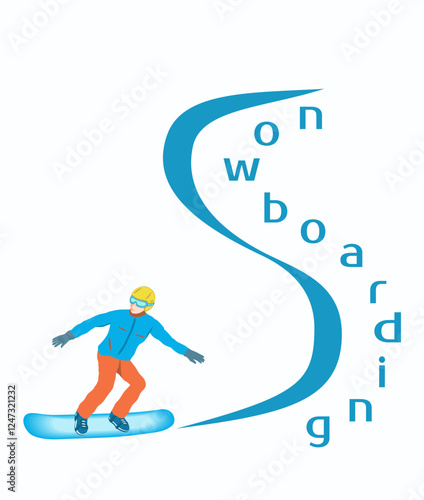 Snowboarder in helmet does tricks, stunts. Snowboarding typography style with vertical orientation. Popular Extreme Winter Sport. Vector illustration on white background.