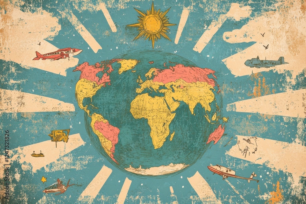 Naklejka premium Retro style illustration of the earth with flying vehicles