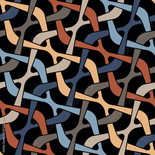 Multicolored crossed diagonal lines on a black background create a decorative grid. Abstract geometric design in retro style. Vintage colors. Seamless repeating pattern. Vector illustration.