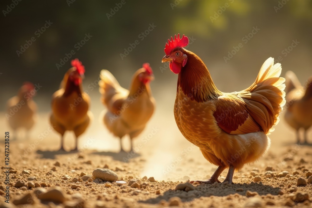 Fototapeta premium Several hens roaming freely, dust bathing in sun, free range, speckled, sunny
