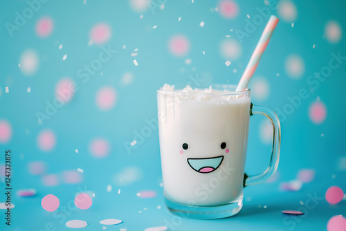 Milkshake with smiley face on blue background with confetti, Ai Generated