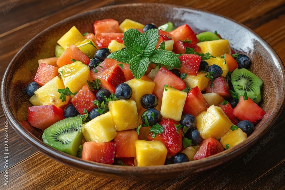 Colorful, fresh fruit salad in rustic bowl with honey drizzle and mint Colorful, fresh fruit salad in rustic bowl with honey drizzle and mint