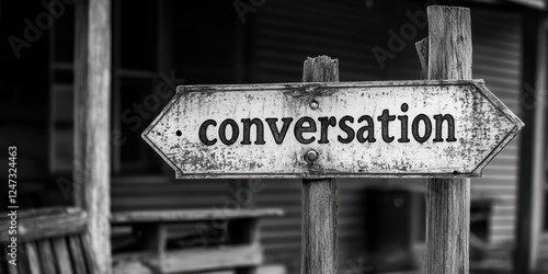 Rustic wood sign with text 'conversation' indicating a place for discussion, community engagement, or dialogue, set against a blurred outdoor setting, evoking nostalgia and communication.