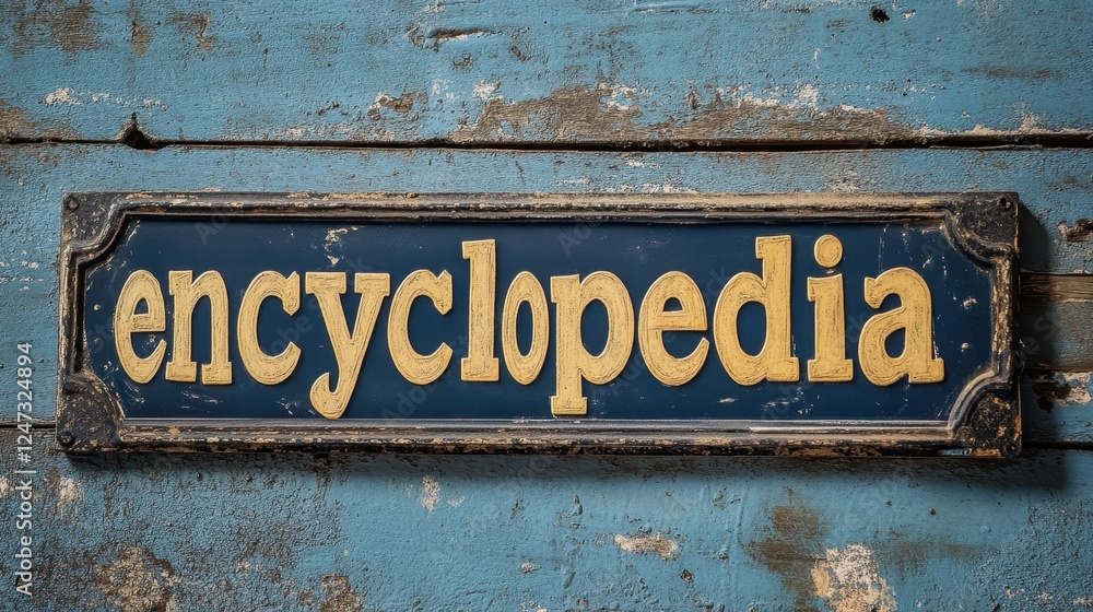Antique Encyclopedia Sign Mounted on Rustic Blue Wooden Wall Symbolizing Knowledge, History, and the Preservation of Information Across Time Antique Encyclopedia Sign Mounted on Rustic Blue Wooden Wall Symbolizing Knowledge, History, and the Preservation of Information Across Time