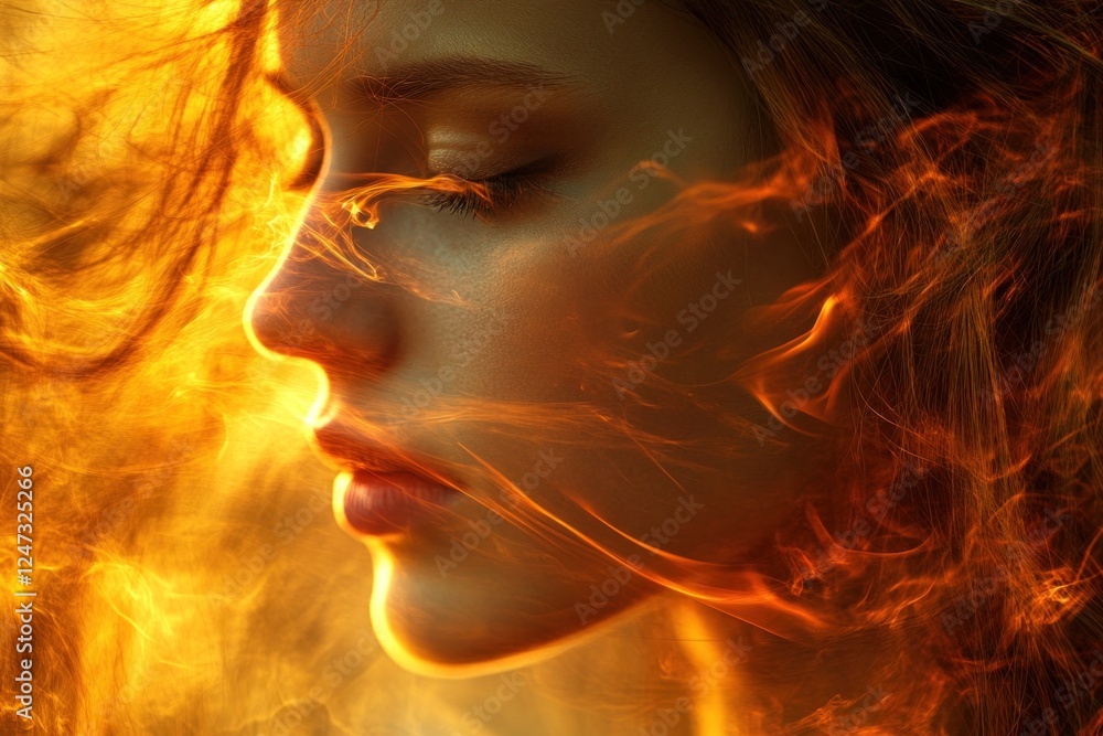 A spectral girl with fiery features illuminates the dark, chaotic surroundings of hell, radiating a mesmerizing glow at twilight A spectral girl with fiery features illuminates the dark, chaotic surroundings of hell, radiating a mesmerizing glow at twilight