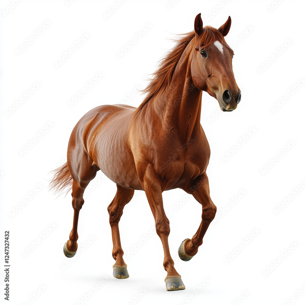 Obraz premium A chestnut horse with a white blaze running towards the viewer on a plain background.
