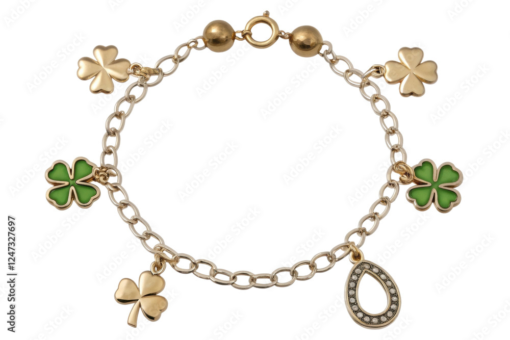 Charm bracelet featuring green four-leaf clovers, cut out Charm bracelet featuring green four-leaf clovers, cut out