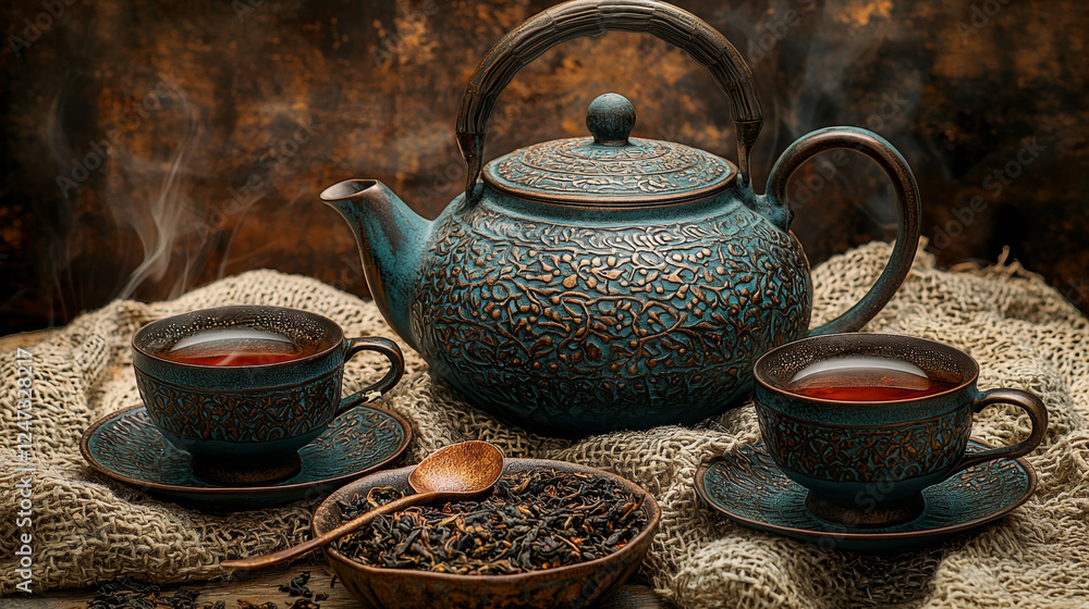 Rustic, textured teapot and cups with tea leaves, resting on a woven surface against a dark background. Rustic, textured teapot and cups with tea leaves, resting on a woven surface against a dark background.