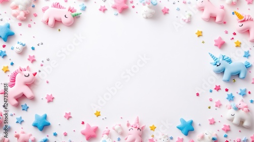A playful arrangement of unicorn figurines and colorful stars on a white background.