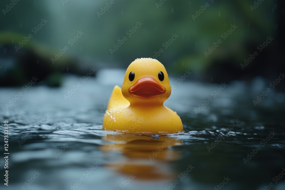 A bright yellow rubber duck is peacefully floating on still water surrounded by lush greenery and mist, creating a serene atmosphere A bright yellow rubber duck is peacefully floating on still water surrounded by lush greenery and mist, creating a serene atmosphere