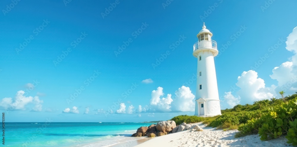 Tall white Caribbean lighthouse against vibrant blue sky, sunshine, picture, vacation Tall white Caribbean lighthouse against vibrant blue sky, sunshine, picture, vacation