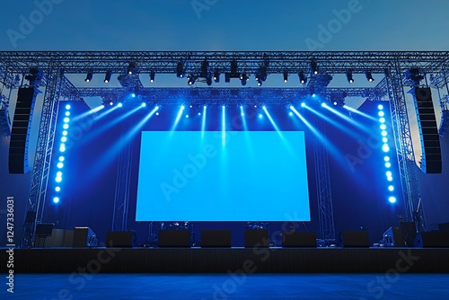 A professional outdoor concert stage setup featuring advanced rigging, dazzling beam lights for dynamic effects, a sophisticated sound system, and a blue blank screen mockup for projections.

