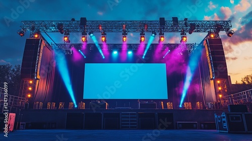 A professional outdoor concert stage setup featuring advanced rigging, dazzling beam lights for dynamic effects, a sophisticated sound system, and a blue blank screen mockup for projections.

