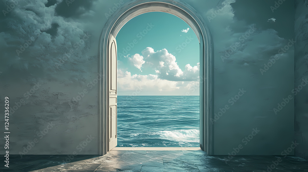 Surreal doorway opening onto serene ocean vista impossible perspective dreamlike quality blending reality and imagination. Mind-Bending Perspectives. Illustration Surreal doorway opening onto serene ocean vista impossible perspective dreamlike quality blending reality and imagination. Mind-Bending Perspectives. Illustration