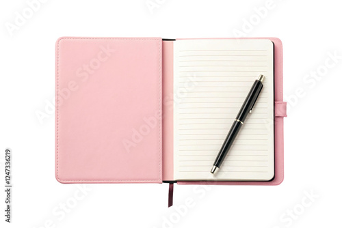 Open pink notebook with a pen ready for notes, cut out
