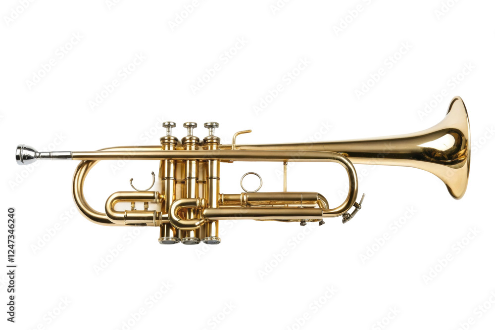 Obraz premium Bright brass trumpet resting on a clean surface, cut out