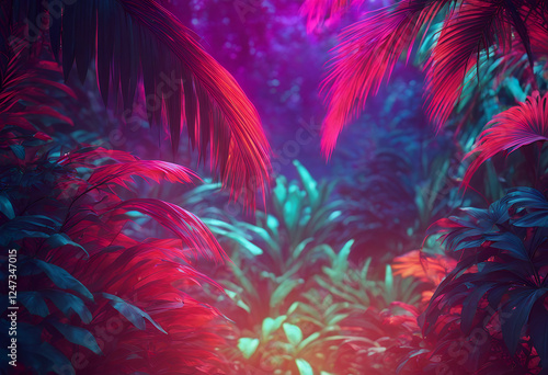 vibrant things poster tropical jungle 3d color leaves 60s 70s neon forest rendering 80s background retro stranger purple surreal bright palm summer fashion foliage pink drug leaf hallucination